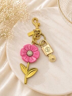 Authentic Louis Vuitton Gold Padlock + Unbranded Pink Gold Flower Charm Keychain